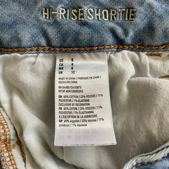 American Eagle Blue Denim Super Super Stretch Hi Rise Shortie Jean Shorts Sz 8 - Picture 6 of 7